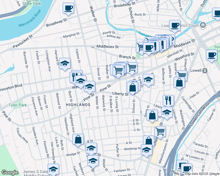 map of restaurants, bars, coffee shops, grocery stores, and more near 16 Pine Street in Lowell