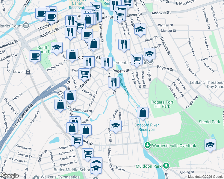 map of restaurants, bars, coffee shops, grocery stores, and more near 538 Lawrence Street in Lowell