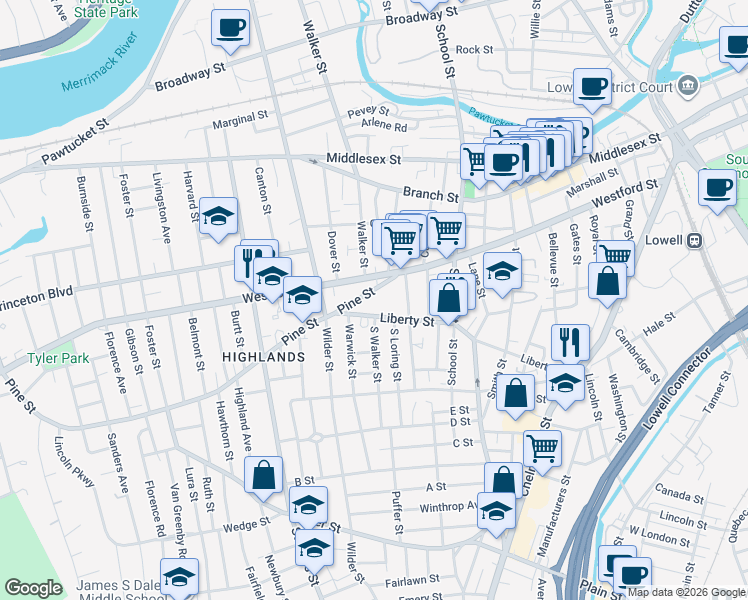 map of restaurants, bars, coffee shops, grocery stores, and more near 16 Pine Street in Lowell
