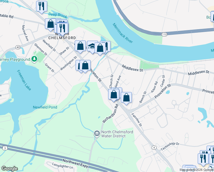map of restaurants, bars, coffee shops, grocery stores, and more near 118 Princeton Street in Chelmsford