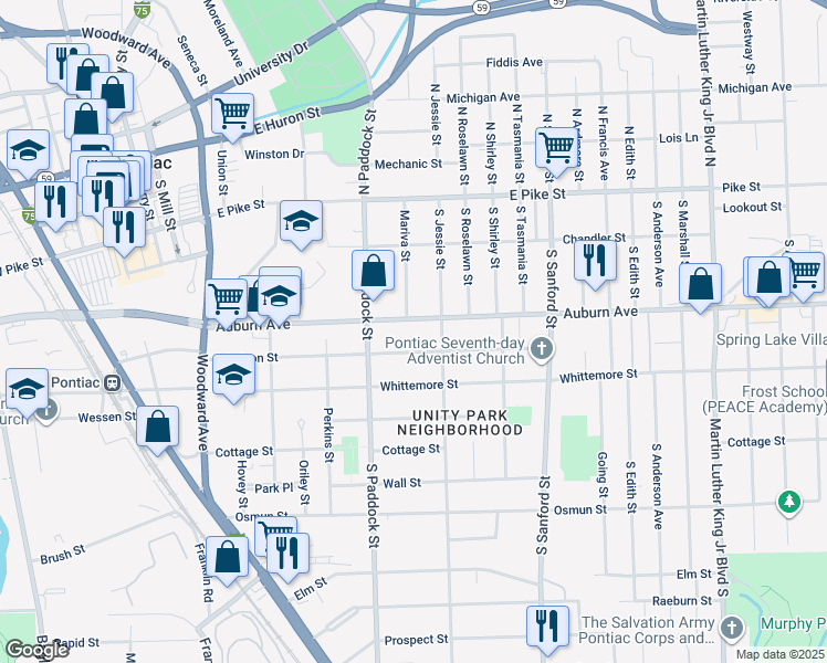map of restaurants, bars, coffee shops, grocery stores, and more near 289 Auburn Avenue in Pontiac