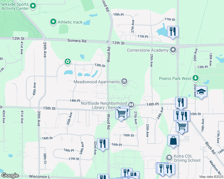map of restaurants, bars, coffee shops, grocery stores, and more near 1388 30th Avenue in Kenosha
