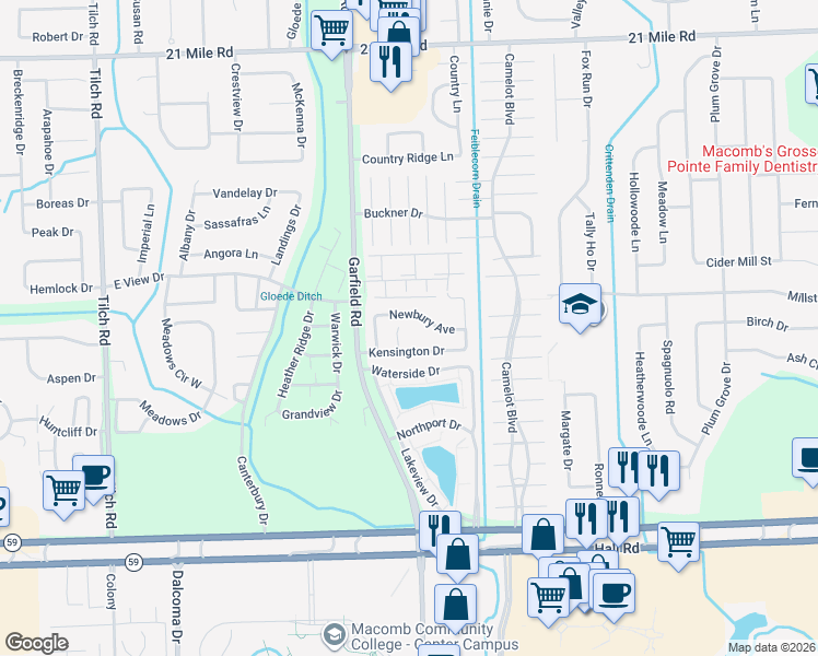 map of restaurants, bars, coffee shops, grocery stores, and more near 16726 Newbury Avenue in Macomb
