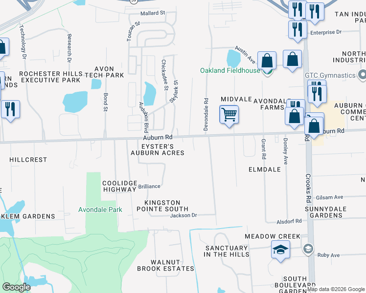 map of restaurants, bars, coffee shops, grocery stores, and more near 2449 West Auburn Road in Rochester Hills