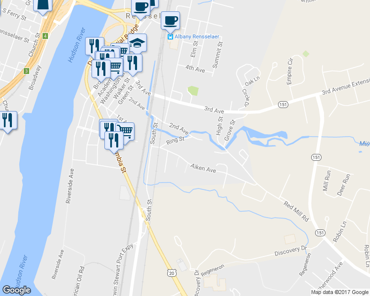 map of restaurants, bars, coffee shops, grocery stores, and more near 8 Ring Street in Rensselaer
