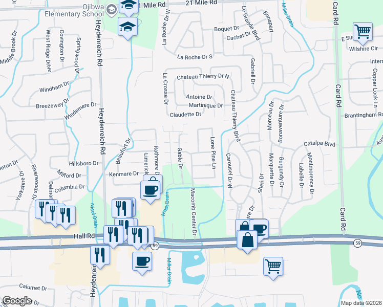 map of restaurants, bars, coffee shops, grocery stores, and more near 54360 Macomb Center Drive in Macomb