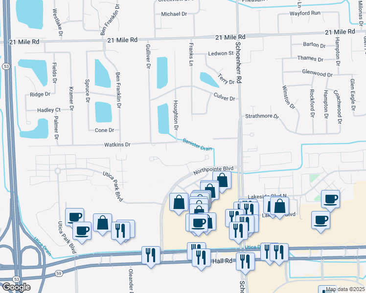 map of restaurants, bars, coffee shops, grocery stores, and more near 13020 Watkins Drive in Macomb County