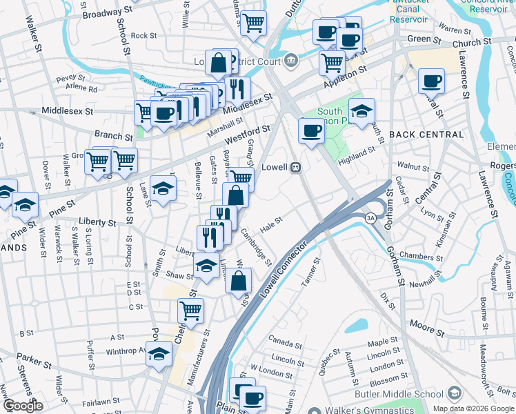 map of restaurants, bars, coffee shops, grocery stores, and more near 182 Chelmsford Street in Lowell