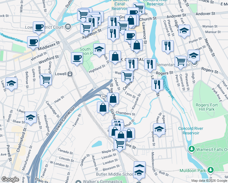 map of restaurants, bars, coffee shops, grocery stores, and more near 542 Gorham Street in Lowell