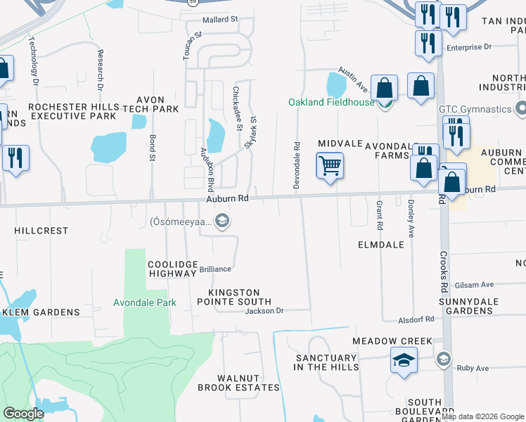 map of restaurants, bars, coffee shops, grocery stores, and more near 2449 West Auburn Road in Rochester Hills