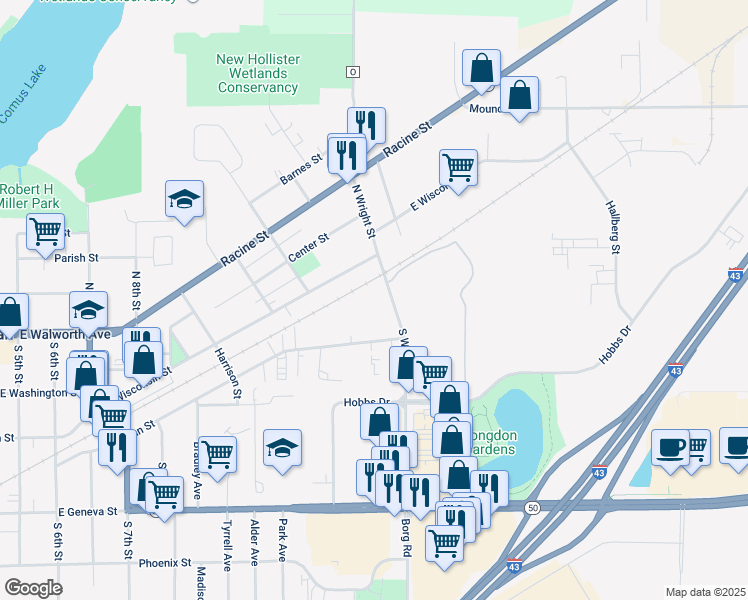 map of restaurants, bars, coffee shops, grocery stores, and more near 214 North Wright Street in Delavan
