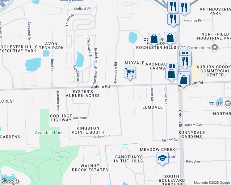 map of restaurants, bars, coffee shops, grocery stores, and more near 3040 Devondale Road in Rochester Hills
