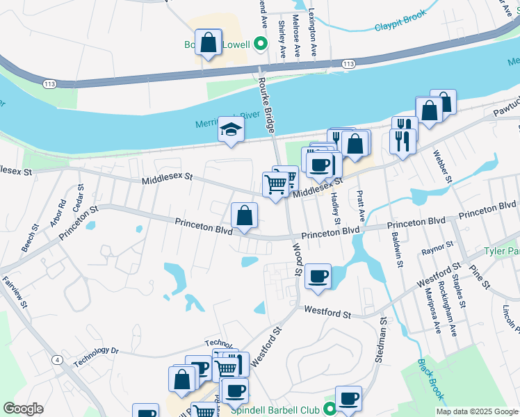 map of restaurants, bars, coffee shops, grocery stores, and more near 1842 Middlesex Street in Lowell