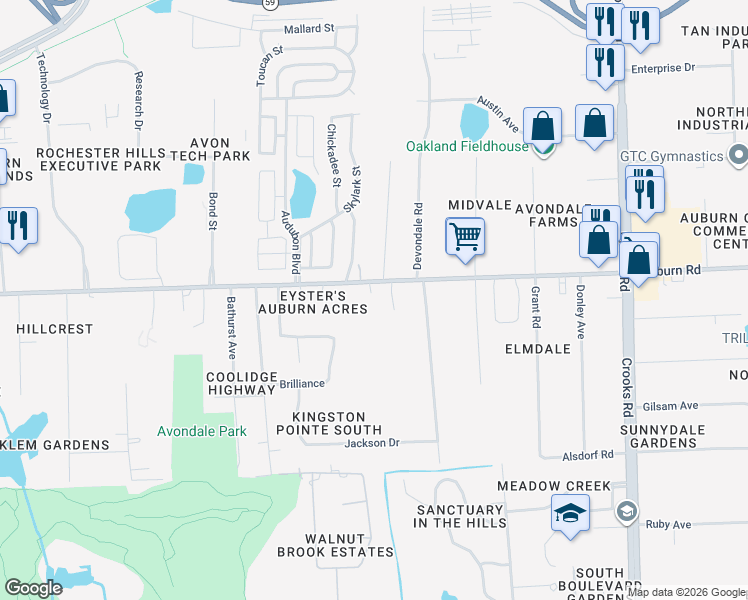 map of restaurants, bars, coffee shops, grocery stores, and more near 2449 West Auburn Road in Rochester Hills