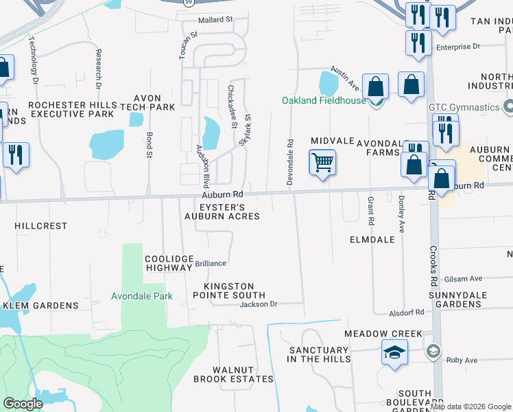 map of restaurants, bars, coffee shops, grocery stores, and more near 2449 West Auburn Road in Rochester Hills