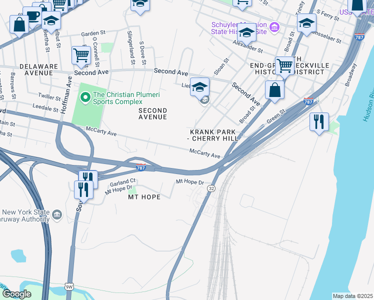 map of restaurants, bars, coffee shops, grocery stores, and more near McCarty Ave & Nutgrove Ln in Albany