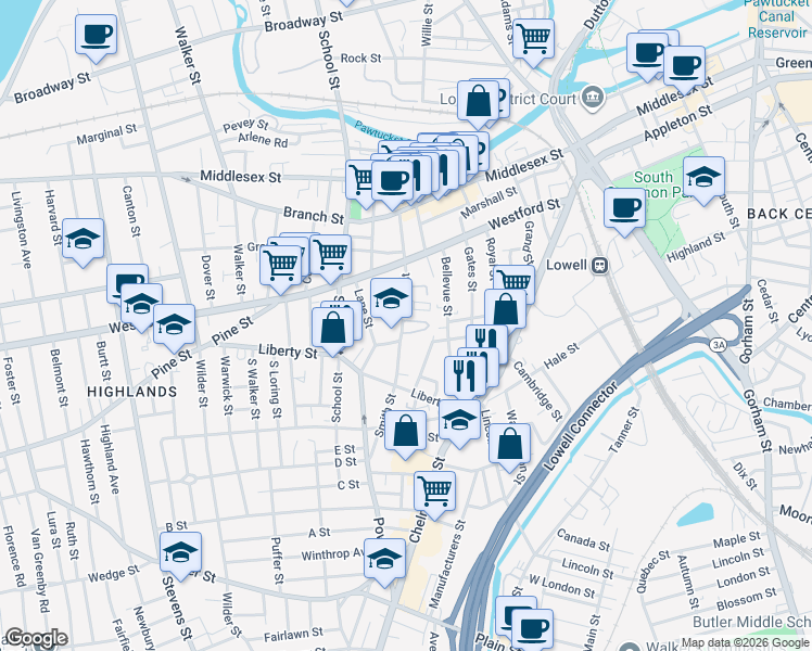 map of restaurants, bars, coffee shops, grocery stores, and more near 106 Smith Street in Lowell
