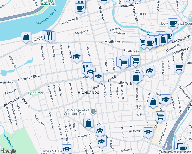 map of restaurants, bars, coffee shops, grocery stores, and more near 461 Westford Street in Lowell