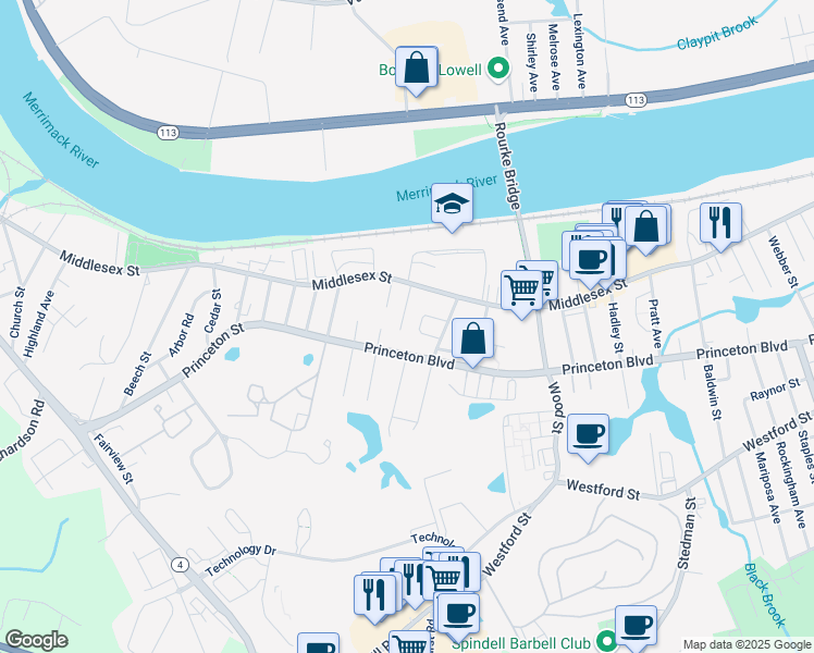 map of restaurants, bars, coffee shops, grocery stores, and more near 30 Nelson Street in Lowell