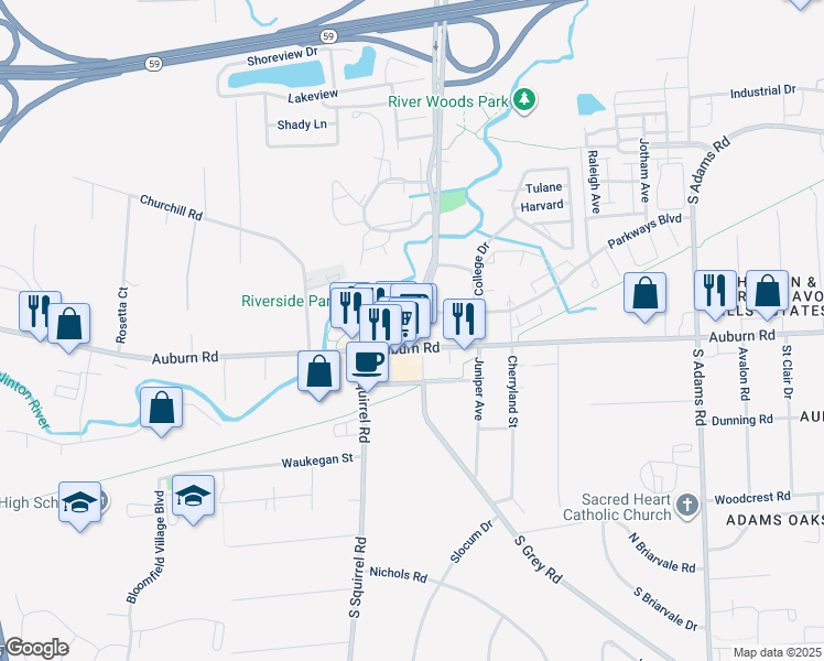 map of restaurants, bars, coffee shops, grocery stores, and more near 93 Squirrel Court in Auburn Hills