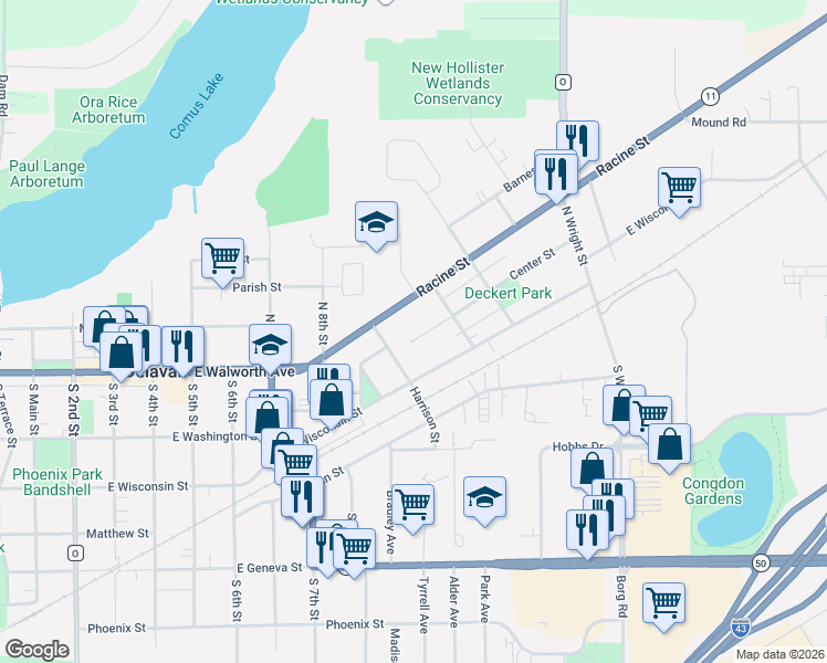 map of restaurants, bars, coffee shops, grocery stores, and more near 937 Center Street in Delavan