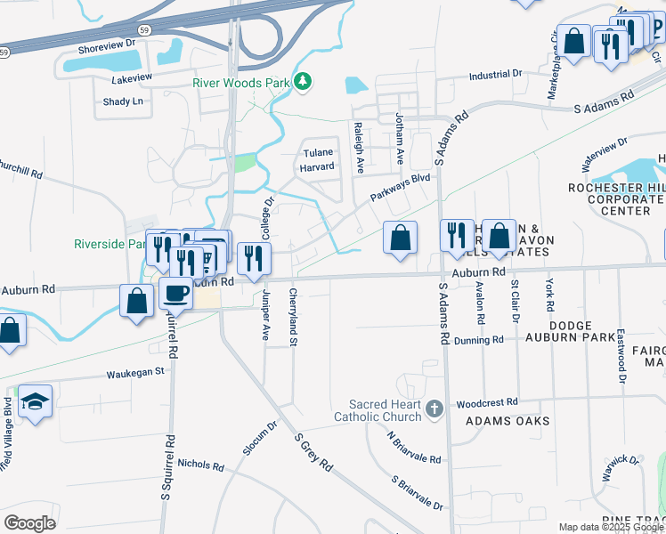 map of restaurants, bars, coffee shops, grocery stores, and more near 3709 Auburn Road in Auburn Hills