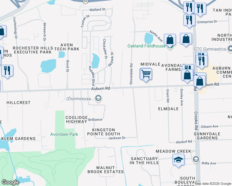 map of restaurants, bars, coffee shops, grocery stores, and more near 2449 West Auburn Road in Rochester Hills
