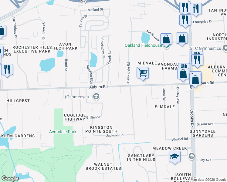 map of restaurants, bars, coffee shops, grocery stores, and more near 2449 West Auburn Road in Rochester Hills
