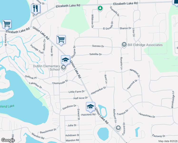 map of restaurants, bars, coffee shops, grocery stores, and more near 471 Union Lake Road in White Lake charter Township