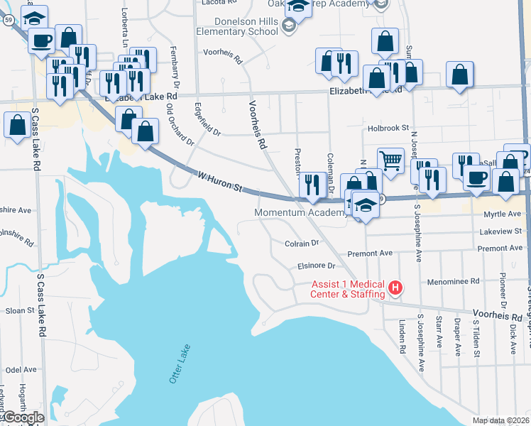 map of restaurants, bars, coffee shops, grocery stores, and more near 2796 Chadwick Drive in Waterford Township