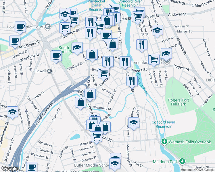 map of restaurants, bars, coffee shops, grocery stores, and more near 40 Mead Street in Lowell