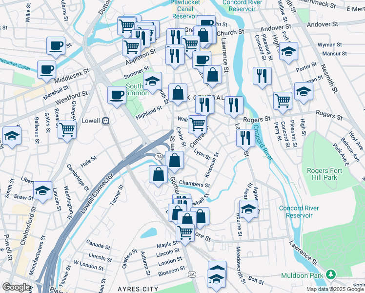 map of restaurants, bars, coffee shops, grocery stores, and more near 542 Gorham Street in Lowell