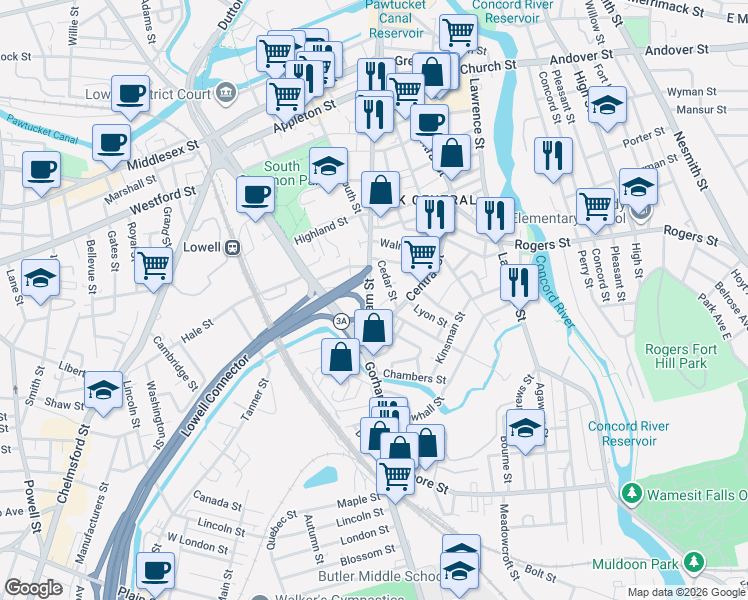 map of restaurants, bars, coffee shops, grocery stores, and more near 542 Gorham Street in Lowell