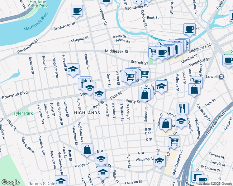 map of restaurants, bars, coffee shops, grocery stores, and more near 386 Westford Street in Lowell