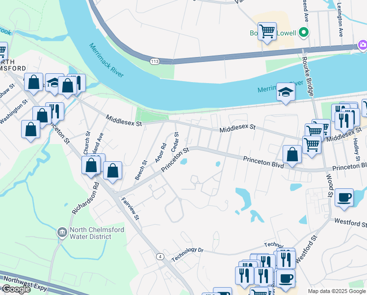 map of restaurants, bars, coffee shops, grocery stores, and more near 15 Cedar Street in Chelmsford