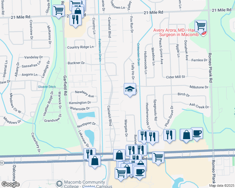 map of restaurants, bars, coffee shops, grocery stores, and more near 17199 Langton Street in Macomb