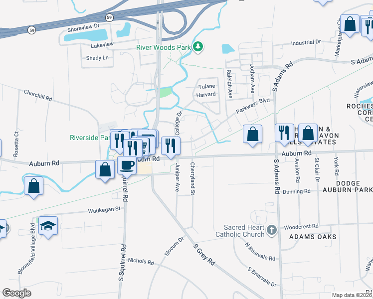 map of restaurants, bars, coffee shops, grocery stores, and more near 3509 Auburn Road in Auburn Hills