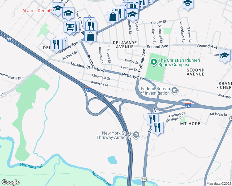map of restaurants, bars, coffee shops, grocery stores, and more near 198 Southern Boulevard in Albany