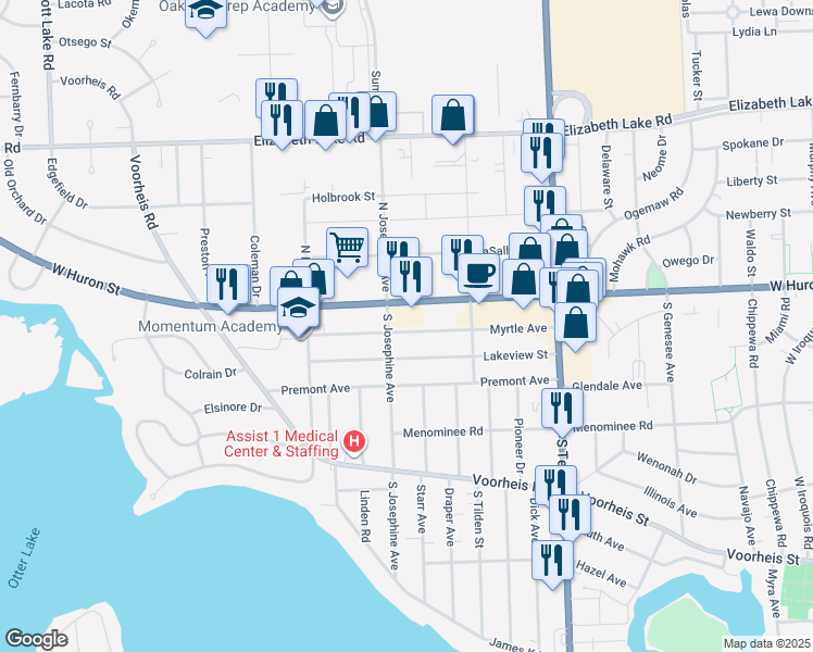 map of restaurants, bars, coffee shops, grocery stores, and more near 1058 Myrtle Avenue in Waterford Township