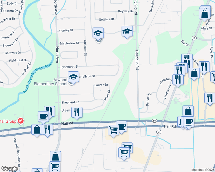 map of restaurants, bars, coffee shops, grocery stores, and more near 23648 Lauren Drive in Macomb