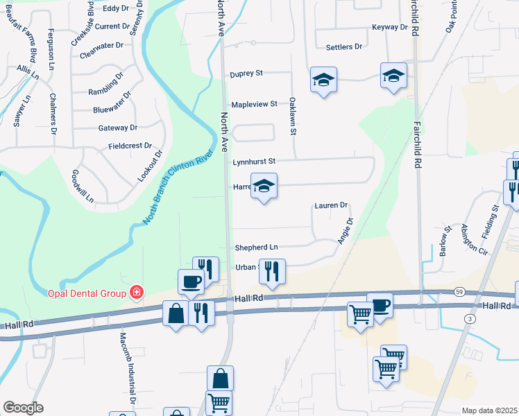 map of restaurants, bars, coffee shops, grocery stores, and more near 45690 North Avenue in Macomb