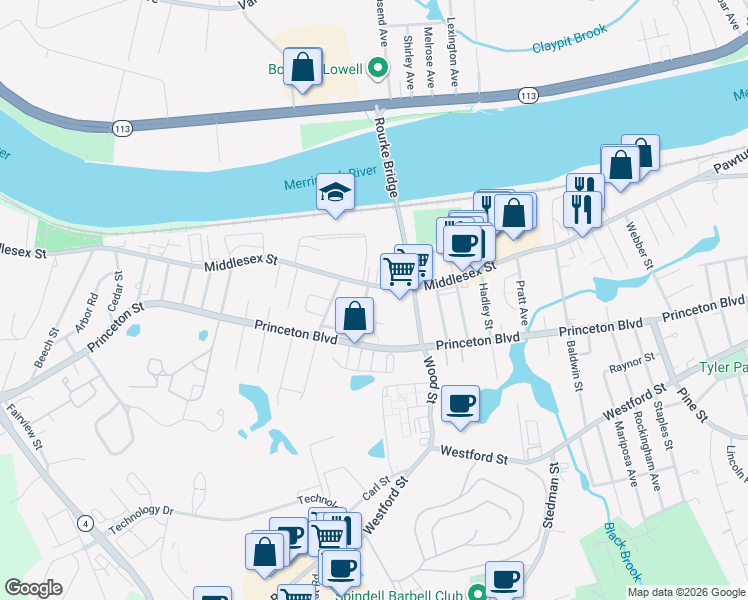 map of restaurants, bars, coffee shops, grocery stores, and more near 1840 Middlesex Street in Lowell
