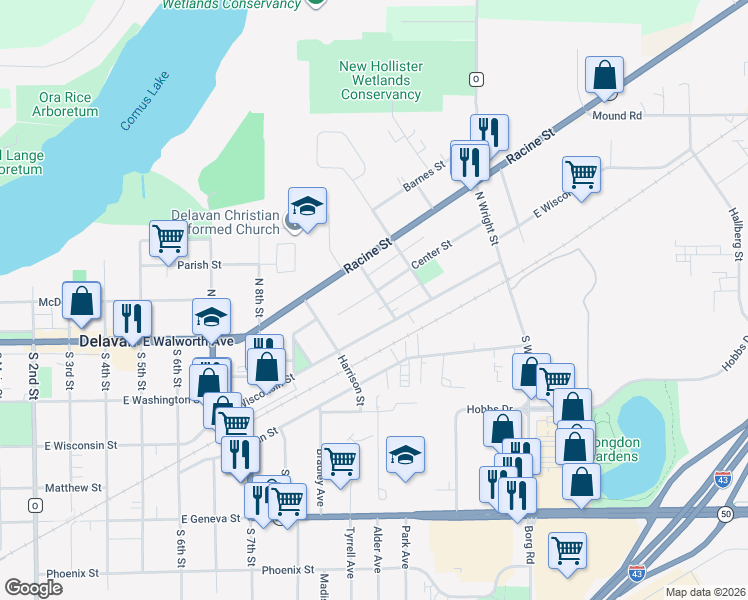 map of restaurants, bars, coffee shops, grocery stores, and more near 133 Freemont Street in Delavan