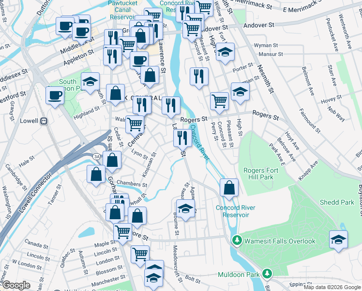 map of restaurants, bars, coffee shops, grocery stores, and more near 538 Lawrence Street in Lowell