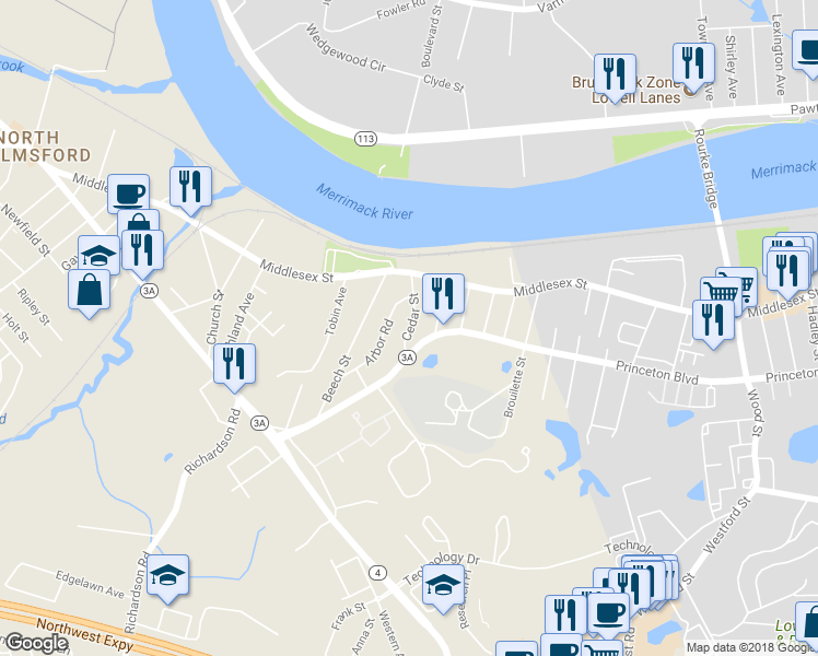 map of restaurants, bars, coffee shops, grocery stores, and more near 15 Cedar Street in Chelmsford