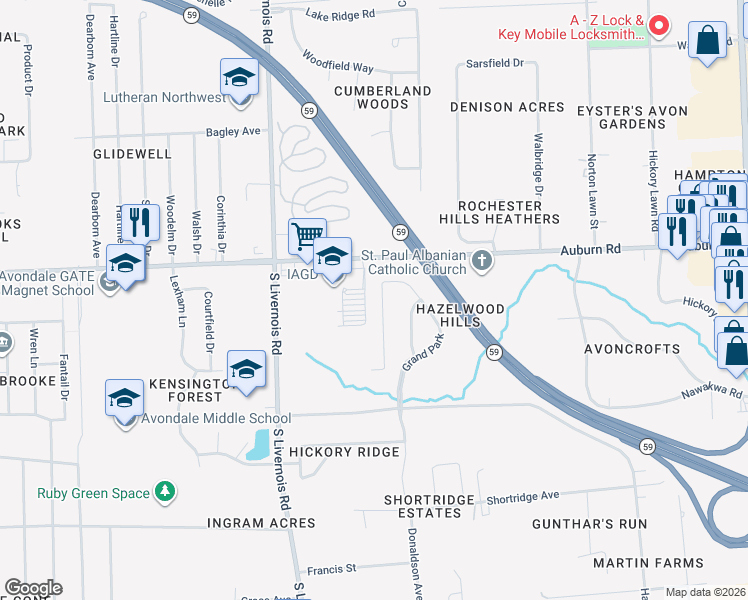 map of restaurants, bars, coffee shops, grocery stores, and more near 819 West Auburn Road in Rochester Hills