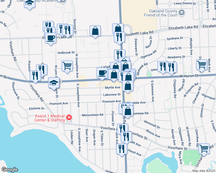 map of restaurants, bars, coffee shops, grocery stores, and more near 960 Myrtle Avenue in Waterford Township