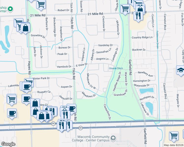 map of restaurants, bars, coffee shops, grocery stores, and more near 45865 Meadows Circle East in Macomb