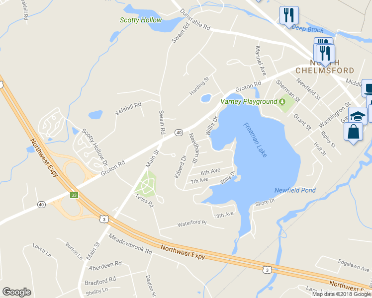 map of restaurants, bars, coffee shops, grocery stores, and more near 3 Kiberd Drive in Chelmsford