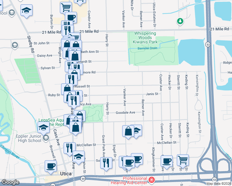 map of restaurants, bars, coffee shops, grocery stores, and more near 8563 Janis Street in Macomb County